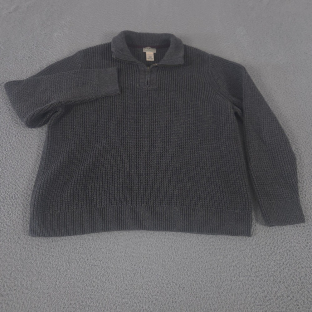 LL Bean Sweater Mens XL Gray Organic Cotton Waffle Quarter Zip Ribbed Pullover
